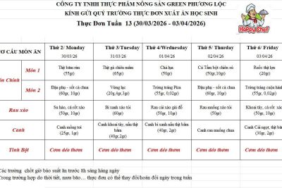 Thực đơn tuần 13 ( từ 30/3 đến 3/4/2026)